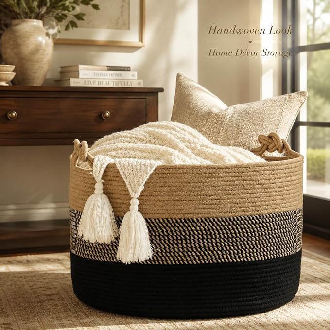 KAKAMAY Large Blanket Basket (20"x13"),Woven Rope Baskets for storage Baby Laundry Hamper, Cotton Rope Blanket Basket for Living Room, Laundry, Nursery, Pillows,Baby Toy chest (Jute/Black) - Image 2