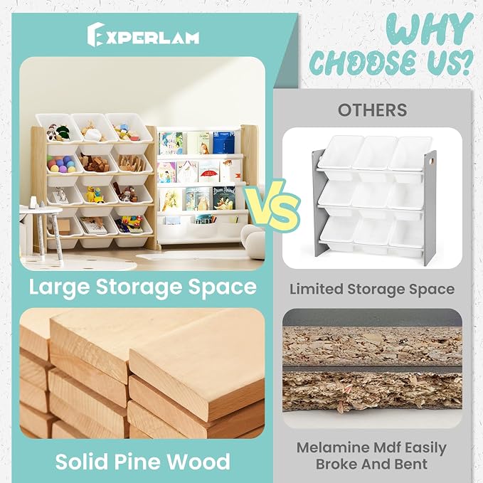 EXPERLAM Kids Toy Storage Organizer - Toy Organizer with Bookshelf, Toy Storage with 12 Toy White Bins and 4 Book Shelves, Toy Organizers and Storage for Playroom, Nursery, Kids Room, Burlywood - Image 4