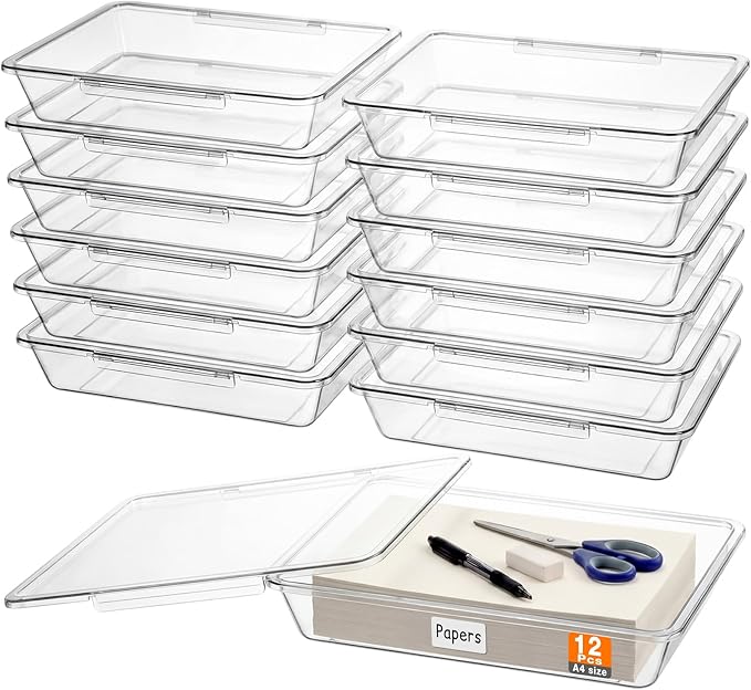 12 Pcs Classroom Paper Storage Bins with Clear Latching Lids Labels, Letter Size Stackable Flat Trays Container Paper Organizer for Teacher Back to School Office Arts Crafts (Clear,13x10in) by Tinlade