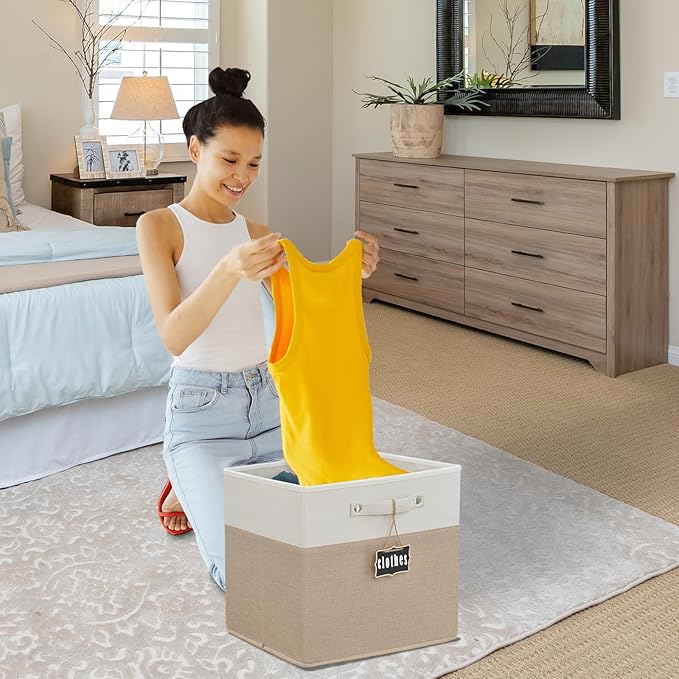 storage cubes 11x11x11Set of 4,Foldable Fabric Storage Cubes with Labels,Linen Cube Storage Organizer Bins Kallax Storage Cubes for Organizing Shelves Cabinet(White Khaki). - Image 6
