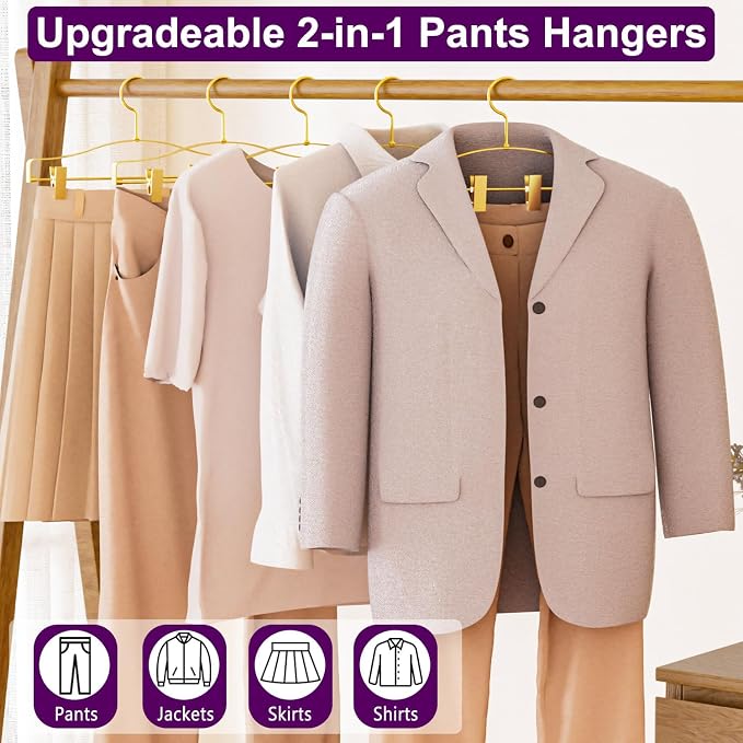 Wide Thickened Pants Hangers, Upgraded 2-in-1 Design Skirt Hangers, 20Pack | Non-Slip, Heavy Duty Shorts Hangers with 2 Adjustable Metal Clips for Pants, Skirt, Trousers, Jeans, Clothes - Image 2