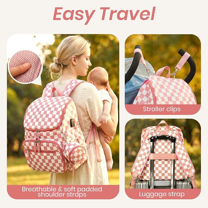 FHELAD Checkered Diaper Bag Backpack with Changing Pad & Stroller Clips | Baby Diaper Bag, Baby Shower Gifts, 4 Insulated Bottle Holders, Wet Wipe Pocket, Luggage Strap - Image 6