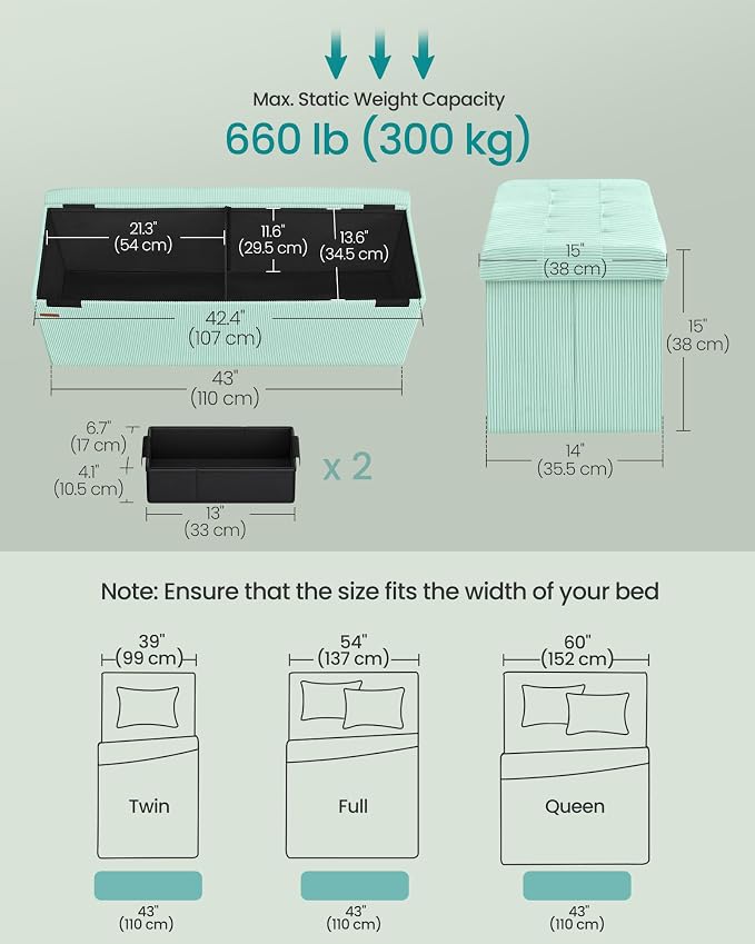 SONGMICS MAZIE Collection - Storage Ottoman Bench, Foldable Foot Rest, 15 x 43 x 15 Inches, End of Bed Bench, Storage Chest, Load 660 lb, Living Room, Bedroom, Entryway, Moonlight Green ULSF604C01 - Image 3