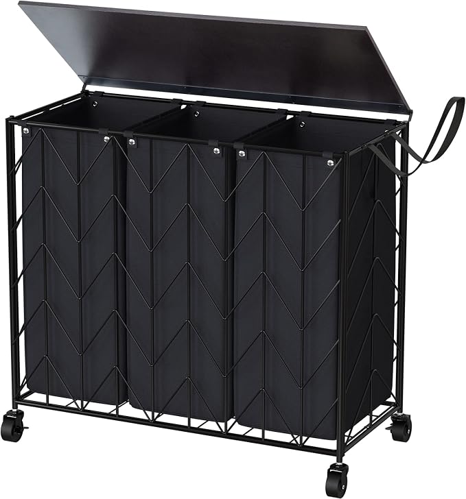 WOWLIVE Laundry Hamper 3 Section with Lid, 142L Laundry Basket with Wheels | Rolling Dirty Clothes Hamper with Removable Bags, Large Iron-Made Laundry Basket Organizer Laundry Sorter for Dorm, Black by WOWLIVE