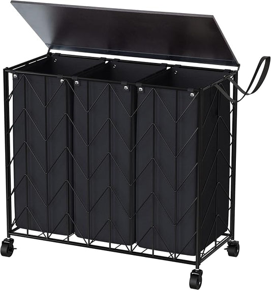 WOWLIVE Laundry Hamper 3 Section with Lid, 142L Laundry Basket with Wheels | Rolling Dirty Clothes Hamper with Removable Bags, Large Iron-Made Laundry Basket Organizer Laundry Sorter for Dorm, Black by WOWLIVE