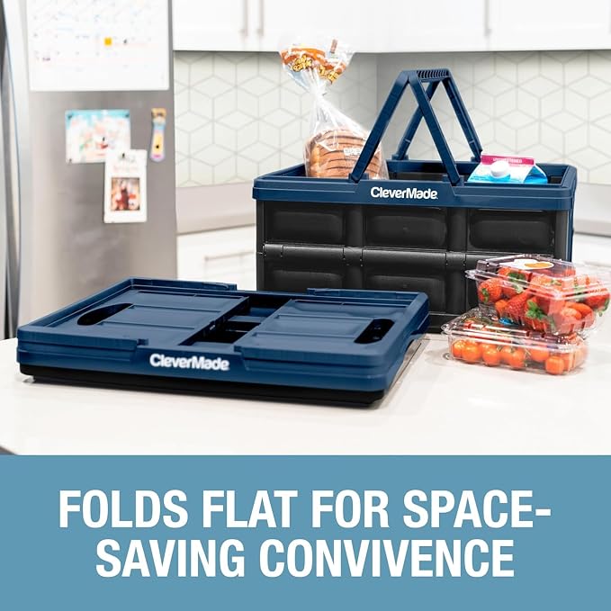CleverMade Collapsible Shopping Basket, 32L Storage Crate, 1 Pack, Ocean | Carry Bigger Grocery Hauls with Confidence | Rigid Walls Hold 35 lb, While Top and Side Handles Balance the Load - Image 4