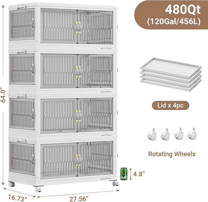 BROVIEW 480Qt Stackable Storage Bins with 4 Lids, Front and Side Open Doors, Plastic Collapsible Closet Organizer and Storage Cabinet, Foldable Box with Wheels Drawer for Home Office, 4Pack White - Image 2