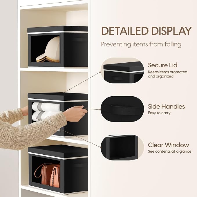 Storage Bins with Lids - Small Fabric Organizers with Window, Collapsible Storage Bins for Clothes, Decorative Closet Organizers for Towels, Tshirt, 4 Pack, Black - Image 4
