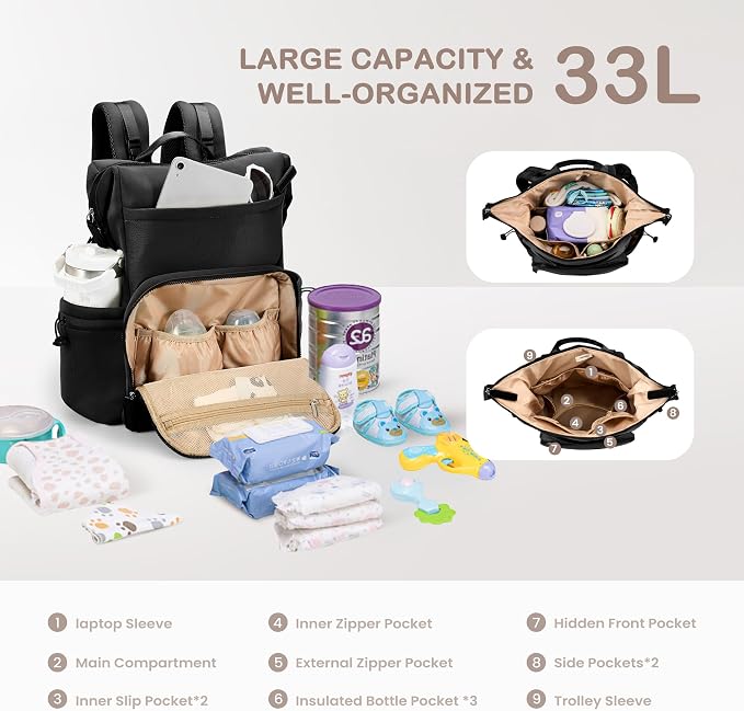 VONAL Neoprene Diaper Bag Backpack with Changing Pad, 33L Large Capacity Neoprene Backpack Baby Diaper Bag with Insulated Pockets, Travel Diaper Backpack Baby with 12 Pockets for Mom & Dad, Black - Image 4