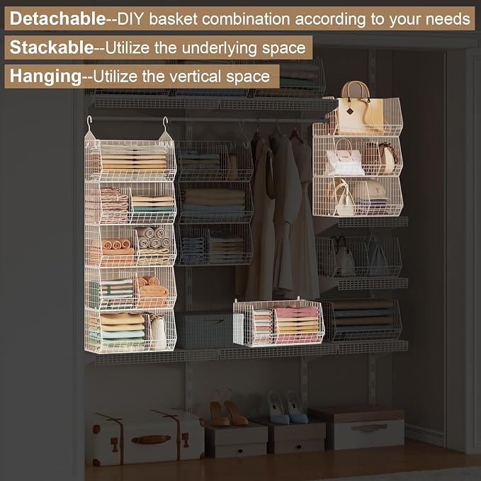 5 Tier Extra Large Closet Hanging Shelves with Divider,2 Pair Hook,16.5"L x 11.8"W x 51.4"H Closets Organizers and Storage,Clothes Organizer Clothing Sweaters Shoes Handbags Clutches Accessories-White - Image 9