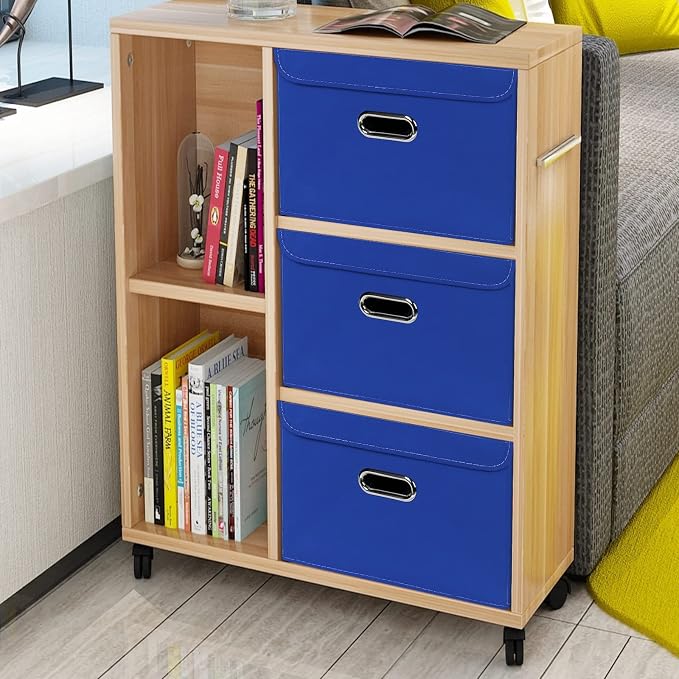 Linen Fabric Foldable Collapsible Storage Cube Bin Organizer Basket Fabric Storage Bins with Lid, Leather Handles, Removable Divider for Home, Closet, Dark Blue 3Pcs - Image 4