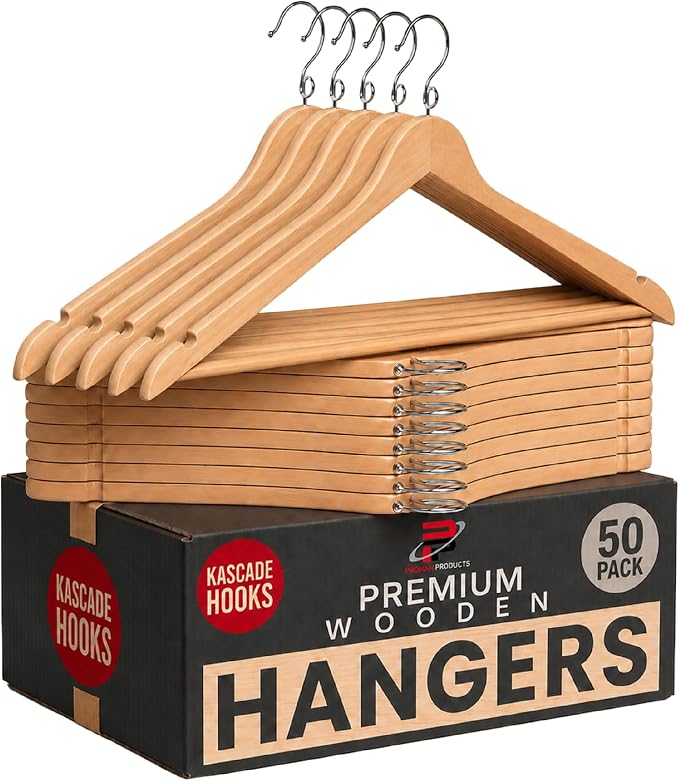 Proman Products Kascade Space Saving Wooden Hangers Clothes Hangers 50 Pack | Hangers with pants bar & shoulder notches feature a cascading design that saves closet space and keeps clothes organized. by PromanProducts