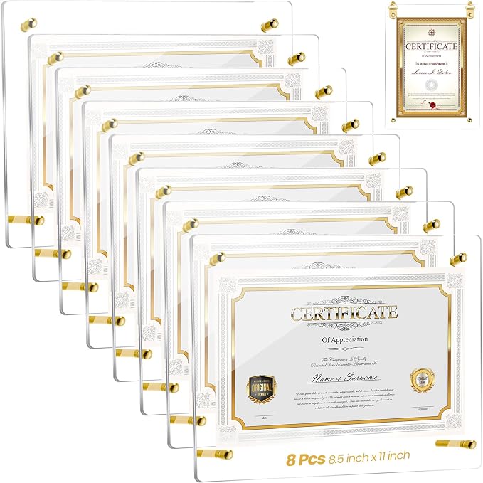 Thyle 8 Pcs Acrylic Photo Frame 8.5 x 11'' Clear Floating Picture Frame Certificate Document Poster Award Diploma Display Tabletop or Hanging Wall Mount for Back to School Teacher Student Gift(Gold) by Thyle
