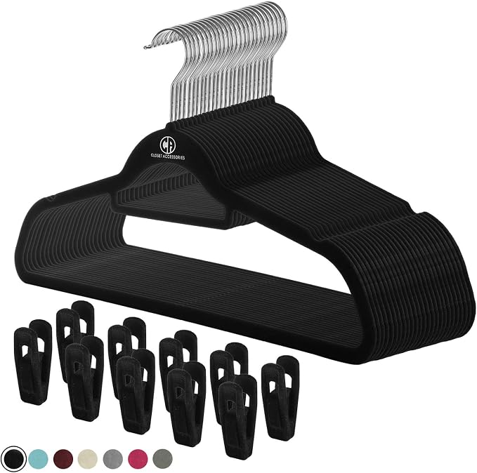 Black velvet hangers, ultra slim space saving, notches, tie bar, swivel hook, 30 pack, with bonus 20 matching velvet finger clips by ClosetAccessories