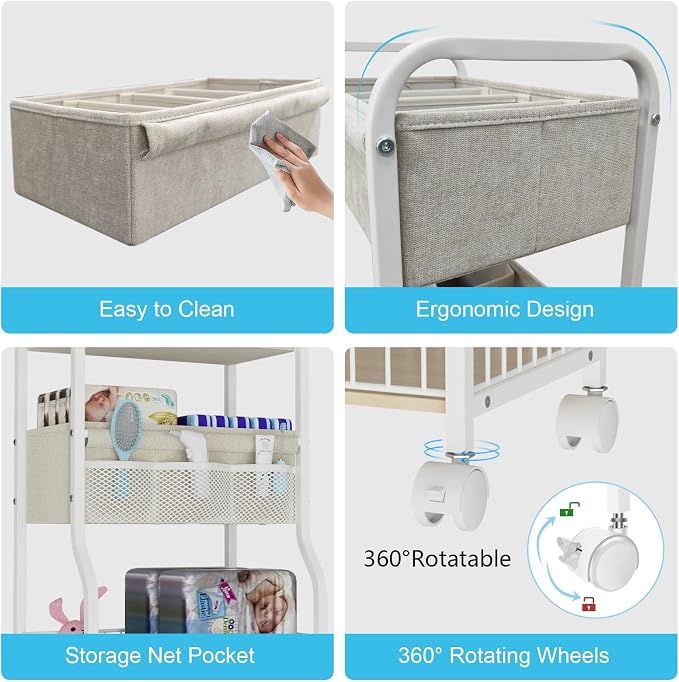 3-tier Baby Diaper Caddy Organizer and Storage Cart with 4+3 Dividers, Metal Utility Cart with Lockable Wheels for Nursery, Bedroom, Bathroom, White - Image 7
