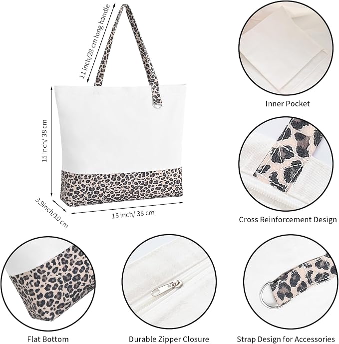 6-Pack Canvas Tote Bags with Zipper, Large Grocery Tote, Leopard Print | Reusable, washable, inner pocket, flat bottom, sturdy handle, for sublimation DIY/transfer, travel/beach/gift/Christmas craft - Image 4