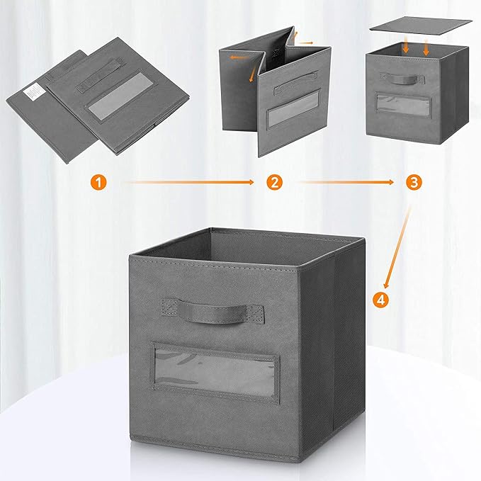13x13x13 storage cube bins(Set of 8) Fabric storage cubes with 8 Labels Window Cards & a Pen, storage cubes 13x13, Collapsible 13 inch cube storage bins, Cubby Organizer Boxes, Gray - Image 4