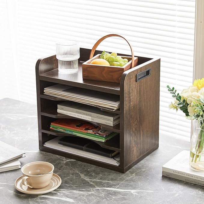 YMYNY Desktop File Organizer with Handle, Document Letter Mail Tray Sorter with 3 Adjustable Shelves, 5 Tiers Paper Holder for Home Office Desk, Black Gray,13.4 * 12.4 * 9.06" UHBC006G - Image 5