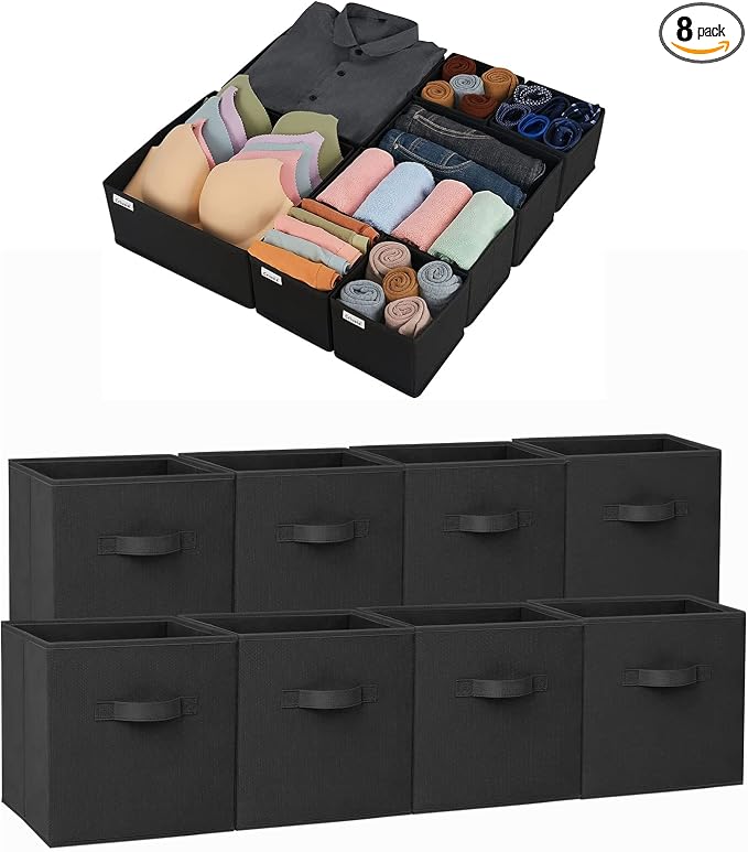 8 Pack 11 inch Fabric Storage Cubes with 8 Pack Bra Sock Underwear Drawer Organizer for Clothing Organization and Storage by Criusia