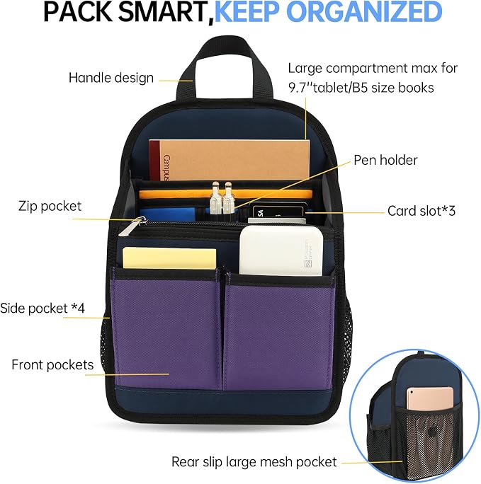 Mini Premium Rugged Backpack Purse Organizer Insert for Women Fashion Small Backpack-19 Pockets,Padded Water-repellent Nylon-Mix - Image 3