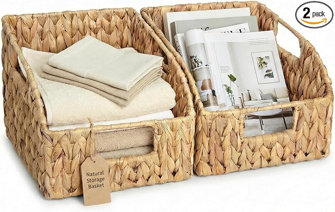 DEILSY™ Water Hyacinth Wicker Storage Baskets for Shelves with Handles 2pk | wicker basket with built-in handles, woven basket, ideal for towels, toys, pantry items and everyday home organization by Deilsy
