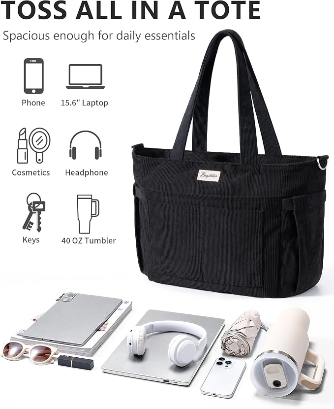 Bagstellar Corduroy Tote Bag for Women, 17 Pockets Laptop Work Tote Purse | Large 15.6” Computer Bag w/ 40oz Cup Holder & Strap, Zipper Teacher Nurse Bible Shoulder Bag for School Travel College Office - Image 5