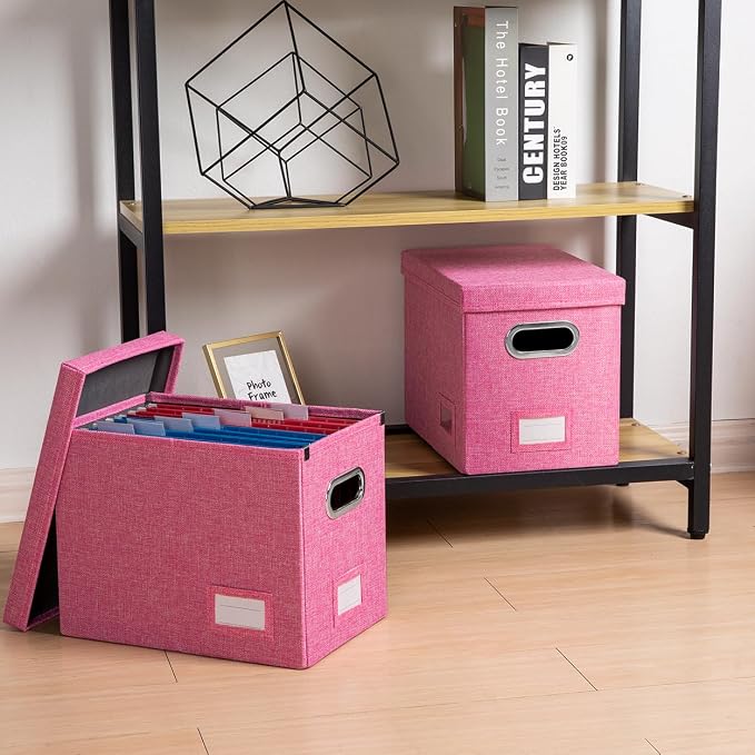 File Organizer Box - Set of 4 Collapsible Decorative Linen Filing Storage Hanging File Folders with Lids Office Cabinet Letter Size Pink (14x9.3x10.8 inch) - Image 3