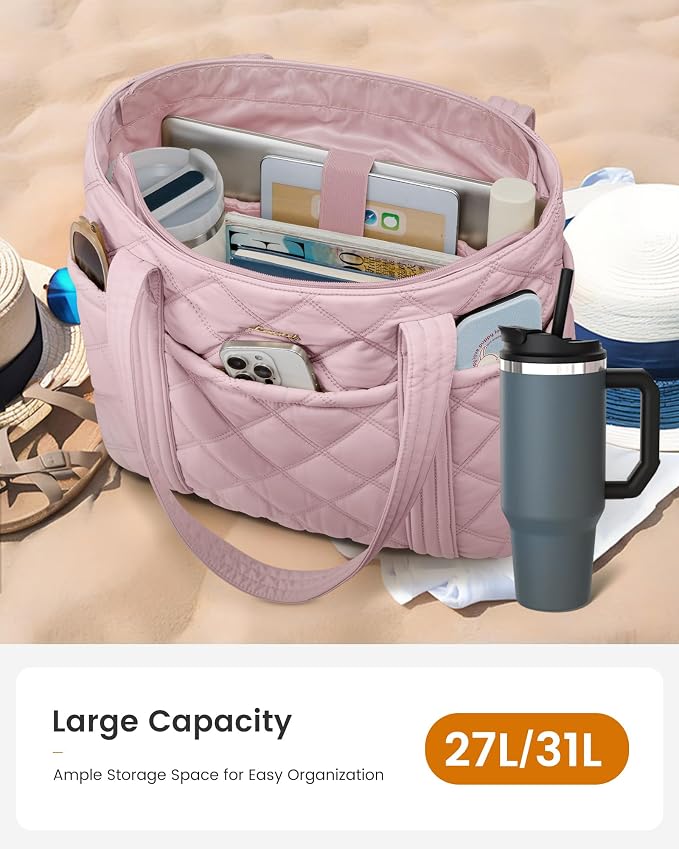 LOVEVOOK Puffer Tote Bag for Women, Puffy Work Handbag with Cup Holder, Travel Carry On Bag with Zipper for Teacher Nurse Gym - Image 2