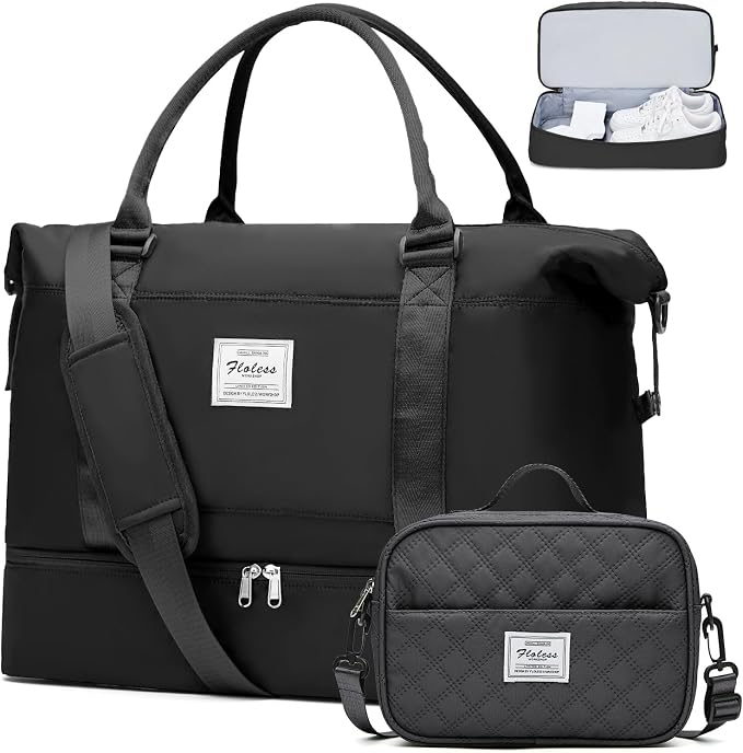 Weekender Bags for Women,Personal Item Travel Bag with Shoes Compartment | Overnight Travel Duffel Bag with Black Gray Toiletry Bag,Carry-On Bag - Image 9