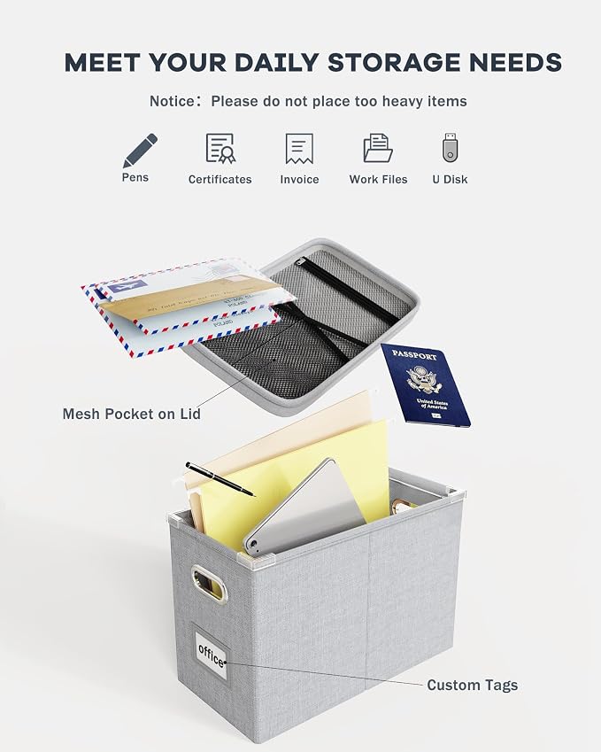 File Organizer Box with Lid, Hanging Filing File Box with Mesh Pocket, Document Organizer Box for Letter Files, Portable Storage Box with Smooth Sliding Rail for Office&Home (2 PCS, Light grey) - Image 4
