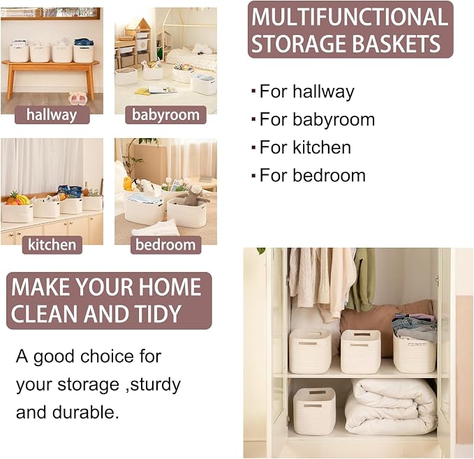OIAHOMY 4 Pack Storage Baskets for Organizing 24L Cube Storage Bins White | Woven Baskets for Storage Rectangle Small Baskets With Handles Baskets for Shelves Wicker Baskets for Shelves 16x12x8inch - Image 6