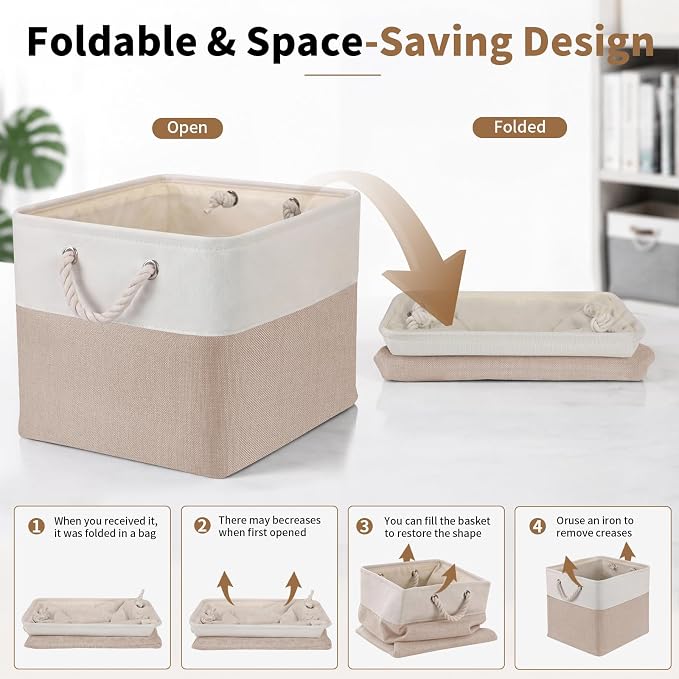 13×15×13 Inch Foldable Fabric Storage Basket with Handles | Large Storage Basket,6 Pack Storage Cubes,Home Organisation Solutions,Closet Storage (White&Beige) - Image 4