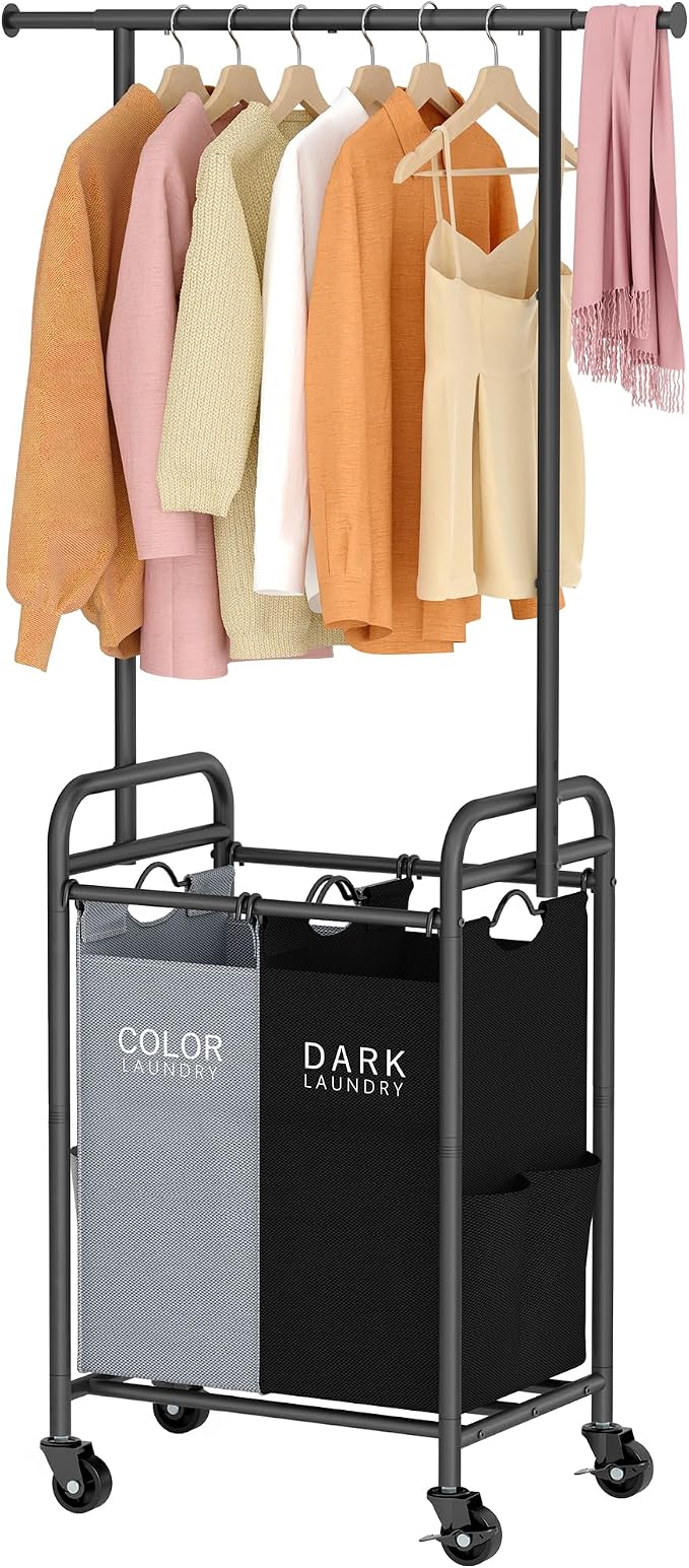 Laundry Sorter with Hanging Bar, 2 Bag laundry cart, Black & Gray | 2 Section Laundry Hamper with Lockable Wheels and Removable Bag, Laundry Cart with Hanging Rack for Laundry Room, Bathroom by Tajsoon