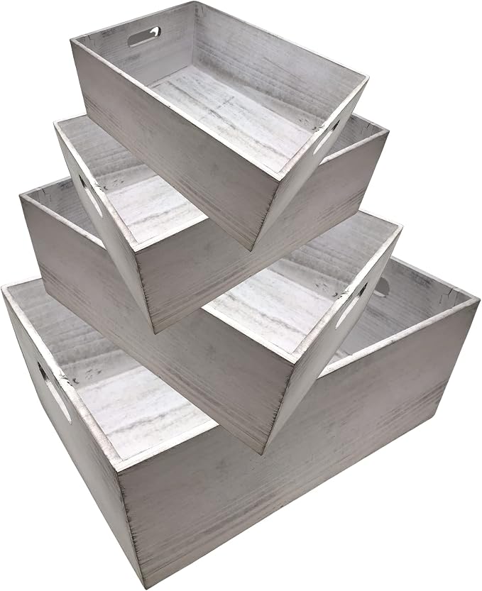 4 Pack Nesting Wooden Crates with Handles - Whitewashed Decorative Boxes | Farmhouse Rustic Wood Crate for Storage and Display, Shelf Organization, Home Decor, Pantry Organizer, Open Top Design - Image 5
