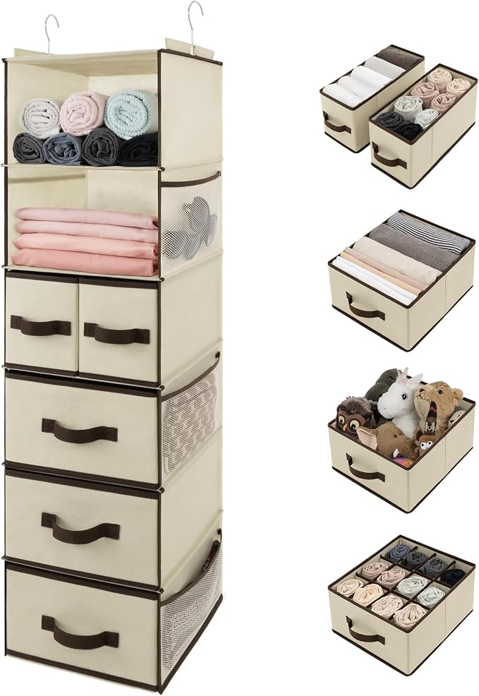 GRANNY SAYS Hanging Closet Organizer, 5 Drawers, 6 Shelves, 6 Pockets | Hanging Closet Organizer with 5 Different Drawer Designs, 6 Shelves & Reinforced Structure for Organized Small Space, Beiges by GRANNYSAYS