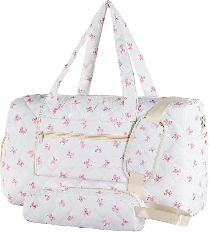 Pink Bow Quilted Duffel Bag 2 Pack Weekender with Shoe Compartment | Women's Overnight Hospital Bag for Labor Delivery, Carry-On Travel Duffel with Toiletry Pouch for Gym & Getaway by Unknown