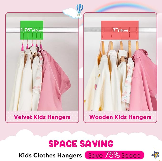 HOUSE DAY Velvet Kids Hangers 60 Pack, Premium Childrens Hangers for Closet | Hot Pink Ultra Thin Cute Non Slip Kid Felt Clothes Hanger 14 Inch, Small Hanger for Toddler Clothes +360° Rose Gold Hook - Image 3