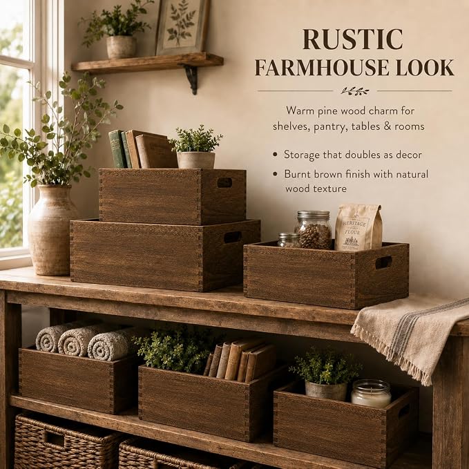 5 Pack Wooden Crates for Display Nesting Wood Crate for Storage with Handle | Rustic Handmade Farmhouse Wooden Basket for Storage and Containe, 5 Size Multipurpose Wood Basket for Fruits Vegetables Boxes - Image 8