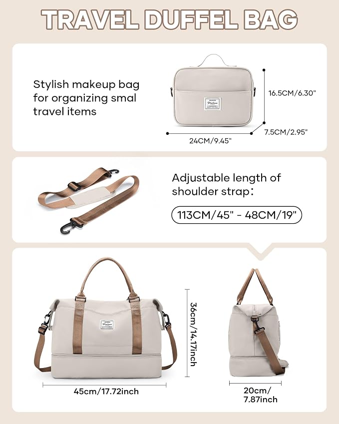 Travel Duffel Weekender Bag Women Tote Carry On Bags With Shoe Compartment | 18x14x8 inches Travel Overnight Bags with Trolley Sleeve for Airplanes Waterproof Sport Tote Gym with Toiletry Bag Beigebrown - Image 3