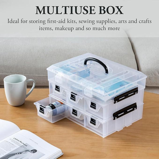 MyGift 11 Inch Clear Plastic Storage Box Container, Arts and Crafts Sewing Supplies Organizer Case with Black Accents, 24 Customizable Compartments, and 6 Drawers with Removable Dividers | Sewing Supplies Organizer Case with Black Accents, 24 Customiza... - Image 4