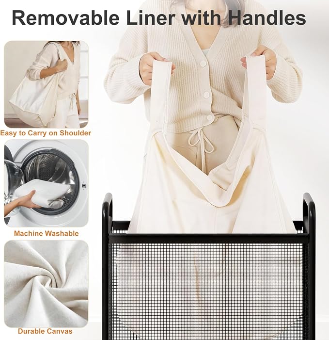 WOWLIVE Rolling Laundry Hamper 2 Section, 100L Laundry Basket with Wheels | Double Laundry Sorter with Metal Handle and Removable Bag, Large Clothes Hamper for Laundry Room, Bathroom and Dorm, Beige - Image 3