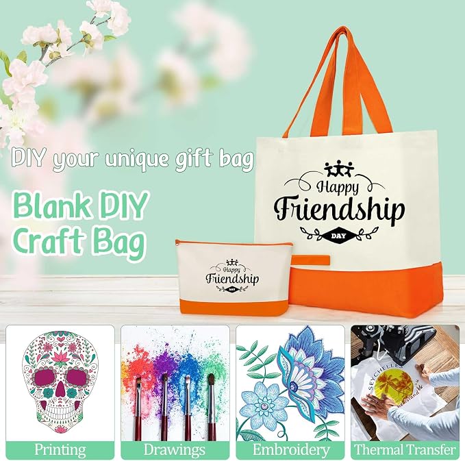 Sanwuta 30 Pcs Canvas Tote Bags Bulk with Zipper Cosmetic Pouch,Colorful | 18.5" Reusable Cotton Shopping Bag with Handle for DIY Craft - Image 6