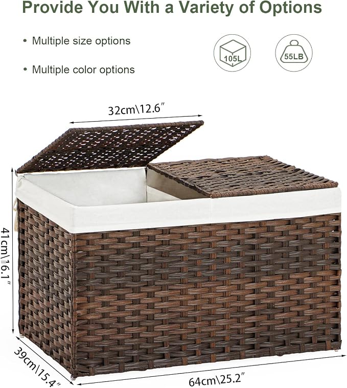 SETVSON Storage Basket with Lid PE Rattan Storage Basket 105L, Brown | 27.8 Gal Storage Bin with 2 Separate Lids, 2 Removable Liners for Clothes & Blankets, Sturdy Metal Frame, PE Rattan - Image 4