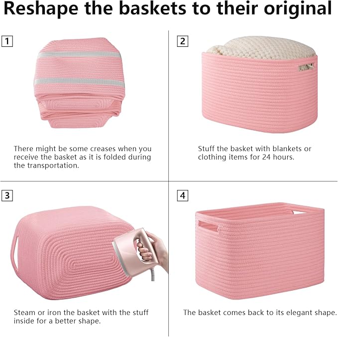 OIAHOMY 4 Pack Storage Baskets for Organizing 15L Cube Storage Bins Pink | Woven Baskets for Storage Rectangle Small Baskets With Handles Baskets for Shelves Wicker Baskets for Shelves 12.7x9x7.8inch - Image 7