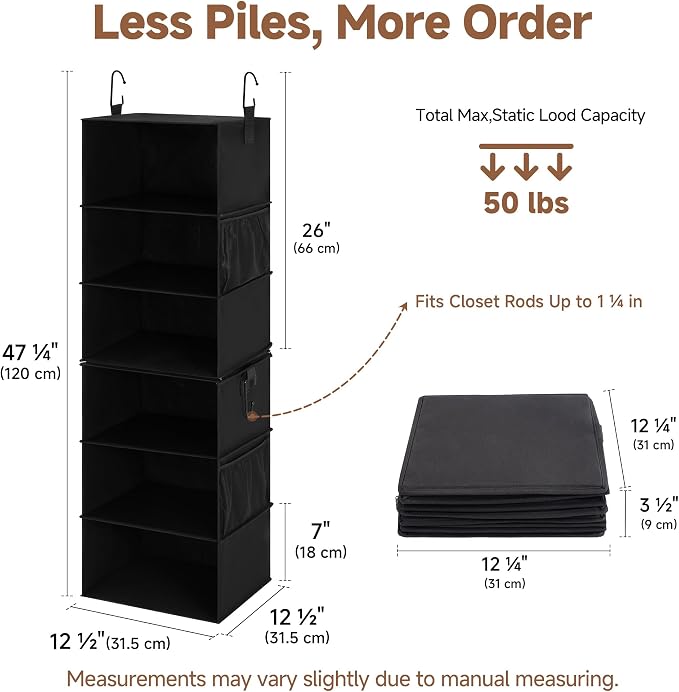 StorageWorks Hanging Closet Organizer 6-Shelf, Separable Two 3 Shelf Closet Storage Organizer with Side Pockets, Portable Hanging Shelves for Clothes, Sweater,12 1⁄2" D x 12 1⁄2" W x 47 ¼"H, Black - Image 3
