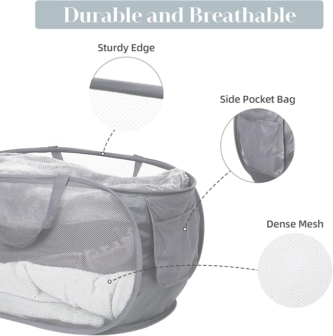 Durable Collapsible Laundry Baskets, Mesh Pop Up Laundry Hamper with Side Pocket, Foldable Clothes Storage Hamper with Reinforced Carry Handles for Laundry, Bathroom, Kids Room, Dorm or Travel Grey - Image 4