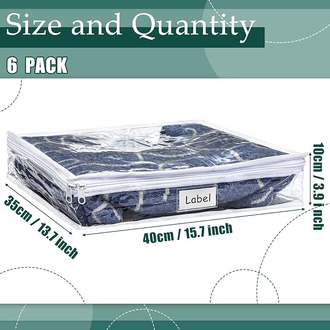 6pcs Clear Zippered Storage Bag Plastic Individual Sweater Storage Bag with Zipper Label Closet Clothing Organizer for Blanket Clothes Bed Sheet Comforter Quilt Pillow(15.7 x 13.7 x 3.9 Inch) - Image 2