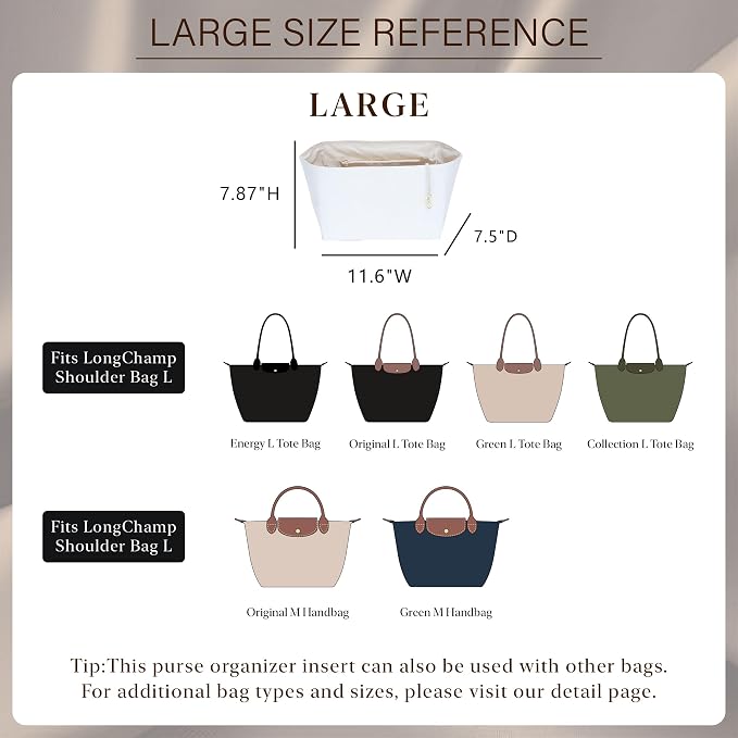 Purse Organizer Insert for Longchamp Le Pliage Large, White Beige | 6-Compartment Bag Organizer with YKK Zipper Pocket, Cup Holder, Key Chain, Waterproof DupontPaper Lightweight Handbag Shaper - Image 2