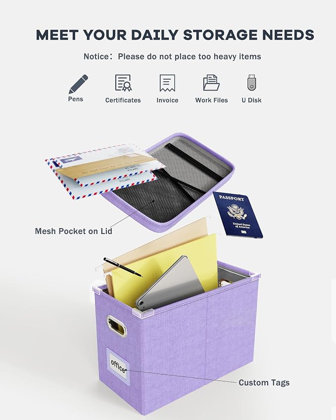 File Organizer Box with Lid, Hanging Filing File Box with Mesh Pocket, Document Organizer Box for Letter Files, Portable Storage Box with Smooth Sliding Rail for Office&Home (1 PCS, Lavender) - Image 4