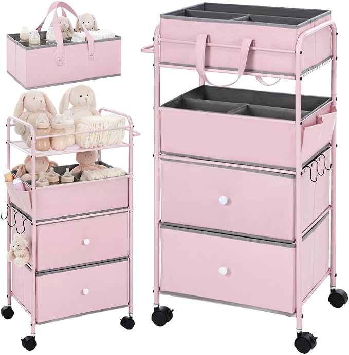 FoldTier 3In1 Baby Diaper Caddy Organizer Cart 4 Tier Large Capacity Metal Utility Bedside Rolling Cart with Divider Newborn Registry Nursery Essential Must Have Bedroom Gift Baby Shower(Pink) by FoldTier